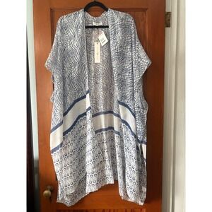 Woven Heart Blue White Geometric Floral Print Kimono Wrap Cover Up OS NWT
